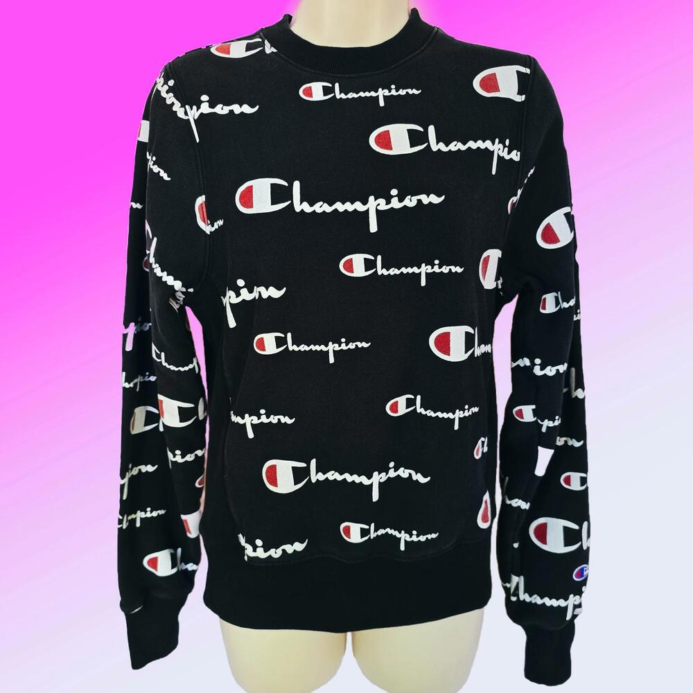 Champion Black Logo Print Crewneck Sweatshirt